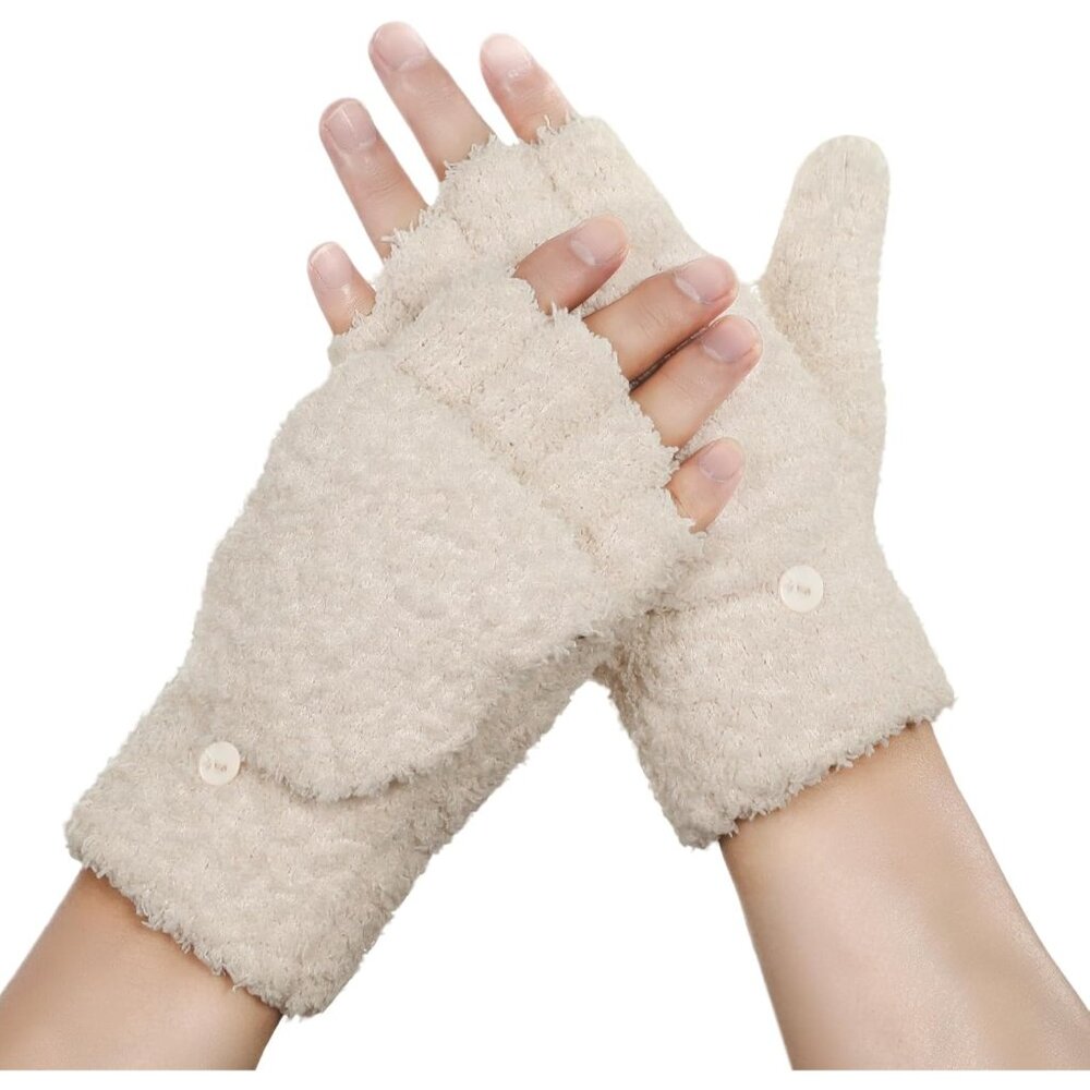 Women's Beige Fingerless Flip Top Cover Knitted Wool Warm Fabric Mittens Gloves